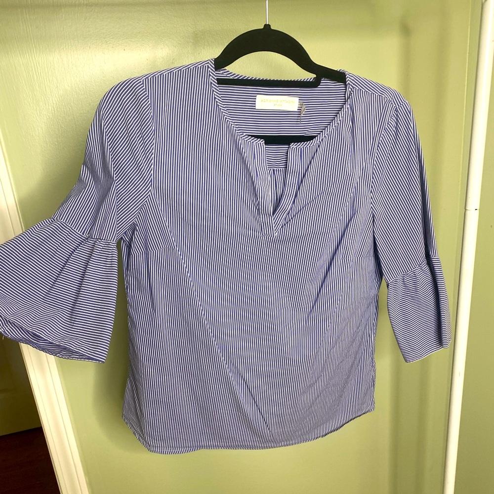 Navy and white stripe 3/4 sleeve blouse.
